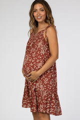 Burgundy Floral Smocked Neckline Maternity Dress