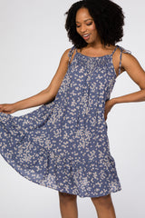 Blue Floral Smocked Neckline Dress