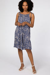 Blue Floral Smocked Neckline Maternity Dress