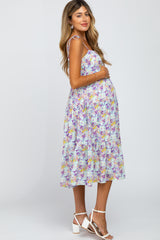 Light Blue Floral Print Shoulder Tie Maternity Midi Dress