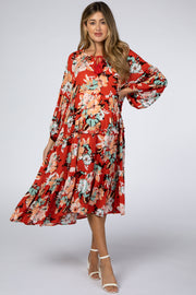 Red Floral 3/4 Sleeve Tiered Maternity Midi Dress