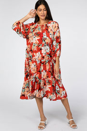 Red Floral 3/4 Sleeve Tiered Midi Dress