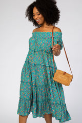 Teal Floral Off Shoulder Midi Dress