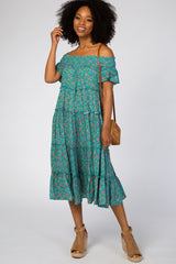 Teal Floral Off Shoulder Midi Dress