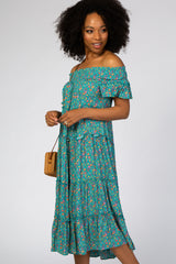 Teal Floral Off Shoulder Midi Dress