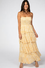 Yellow Floral Chiffon Strapless Smocked Ruffle Tier Maternity Maxi Dress