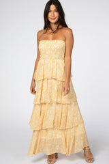 Yellow Floral Chiffon Strapless Smocked Ruffle Tier Maxi Dress