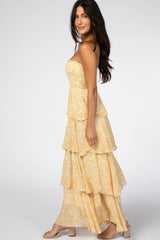 Yellow Floral Chiffon Strapless Smocked Ruffle Tier Maxi Dress