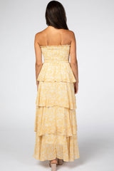 Yellow Floral Chiffon Strapless Smocked Ruffle Tier Maxi Dress