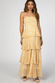 Yellow Floral Chiffon Strapless Smocked Ruffle Tier Maternity Maxi Dress