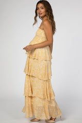 Yellow Floral Chiffon Strapless Smocked Ruffle Tier Maternity Maxi Dress