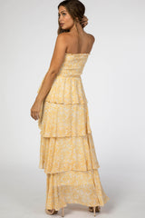 Yellow Floral Chiffon Strapless Smocked Ruffle Tier Maternity Maxi Dress