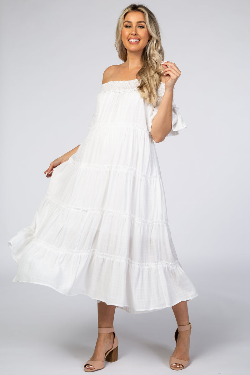 White Off Shoulder Tiered Maternity Midi Dress – PinkBlush