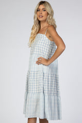 Blue Mixed Plaid Tiered Midi Dress