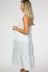 Blue Mixed Plaid Tiered Maternity Midi Dress