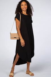 Black Ribbed Curved Hem Midi Dress