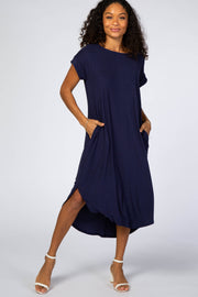 Navy Blue Ribbed Curved Hem Midi Dress