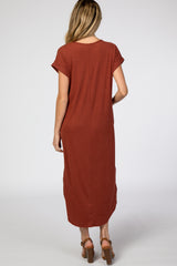 Rust Ribbed Curved Hem Maternity Midi Dress