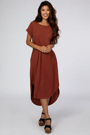 Rust Ribbed Curved Hem Midi Dress