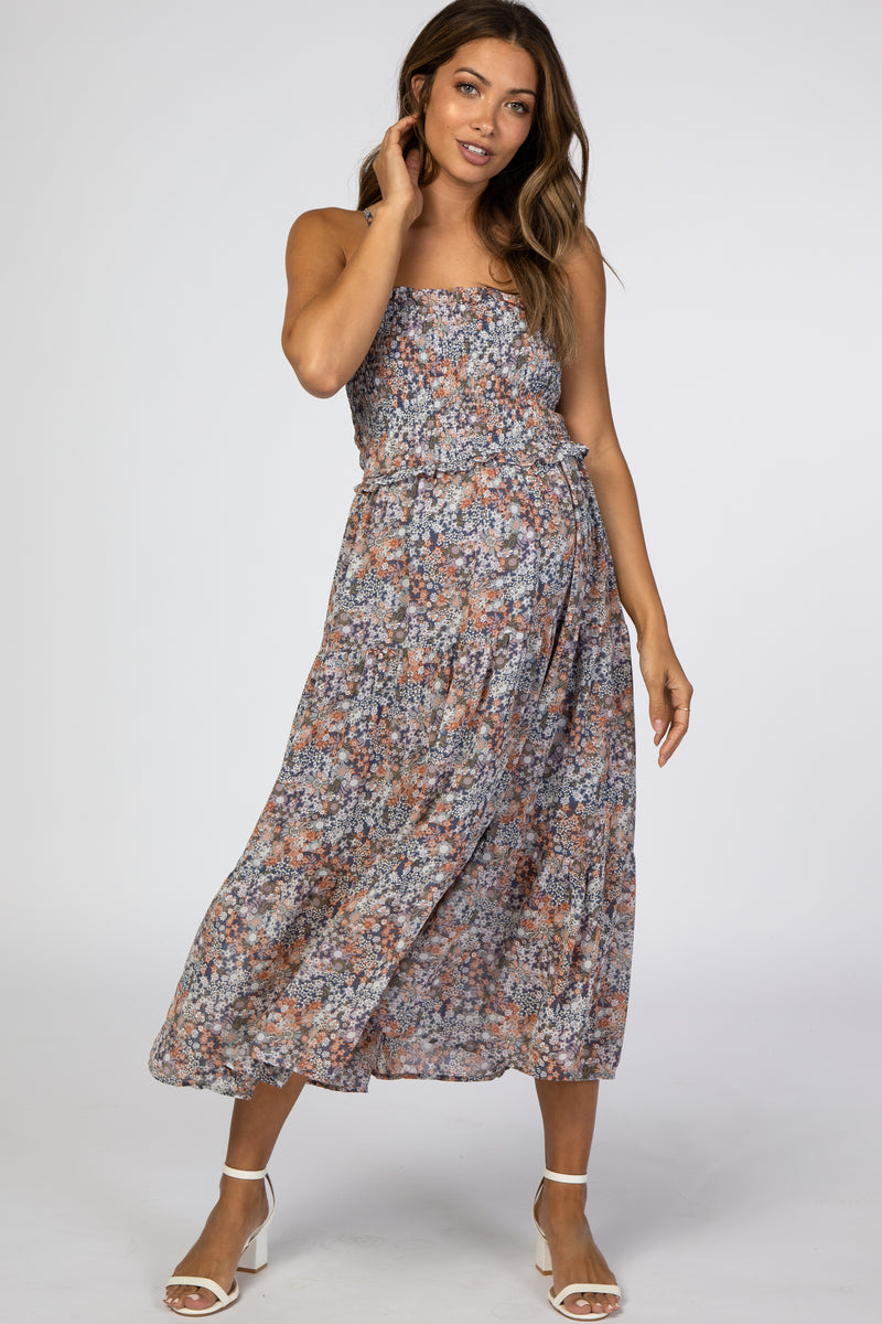 Blue Floral Chiffon Smocked Maternity Midi Dress – PinkBlush