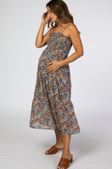 Black Floral Chiffon Smocked Maternity Midi Dress