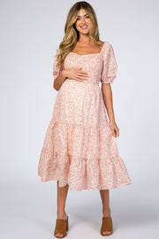 Pink Ditsy Floral Smocked Maternity Midi Dress