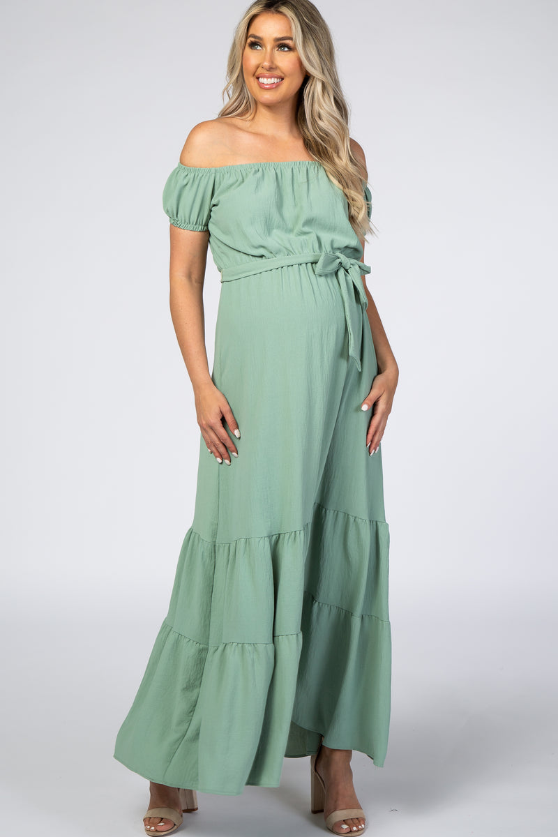 Mint Green Off Shoulder Ruffle Hem Maternity Maxi Dress – PinkBlush