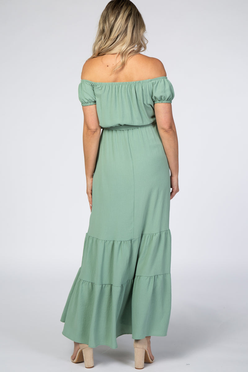 Mint Green Off Shoulder Ruffle Hem Maternity Maxi Dress– PinkBlush