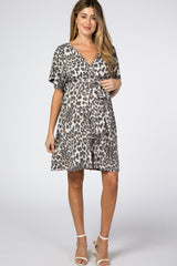 Brown Animal Print Maternity Wrap Dress