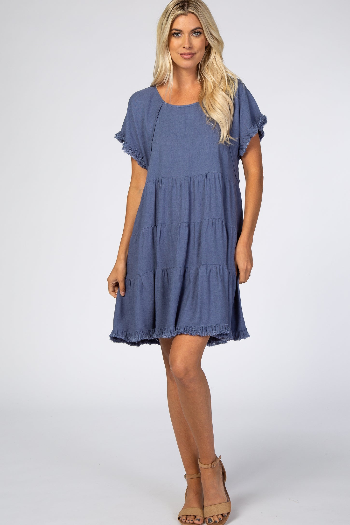 Blue Pleated Tier Fringe Trim Maternity Dress– PinkBlush