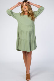 Light Olive 3/4 Sleeve Pleated Tier Fringe Hem Maternity Dress