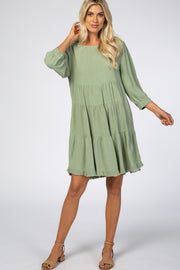 Light Olive 3/4 Sleeve Pleated Tier Fringe Hem Dress