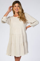 Beige 3/4 Sleeve Pleated Tier Fringe Hem Maternity Dress