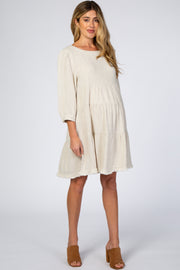 Beige 3/4 Sleeve Pleated Tier Fringe Hem Maternity Dress