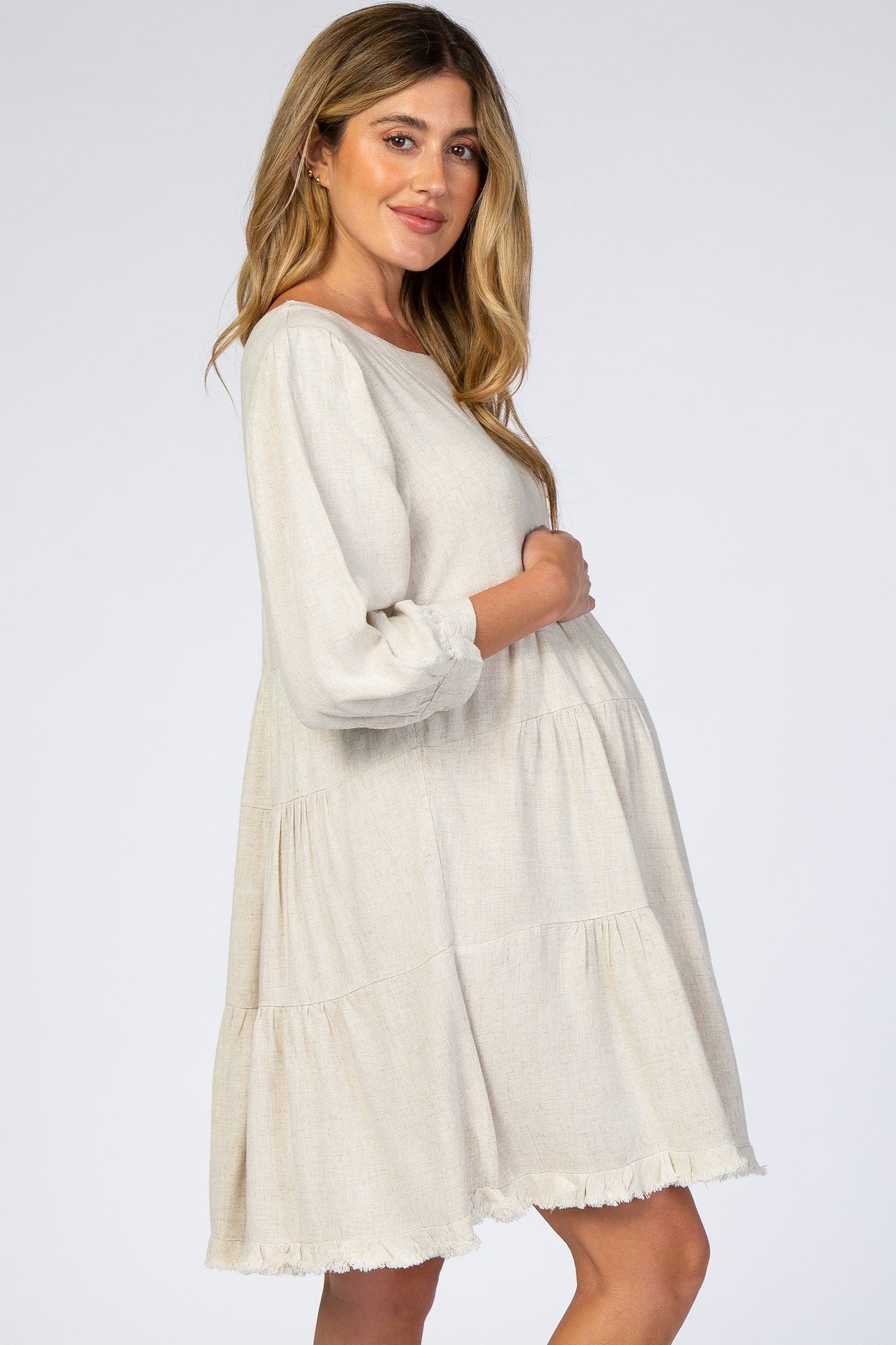 Beige 3/4 Sleeve Pleated Tier Fringe Hem Maternity Dress– PinkBlush