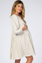 Beige 3/4 Sleeve Pleated Tier Fringe Hem Maternity Dress