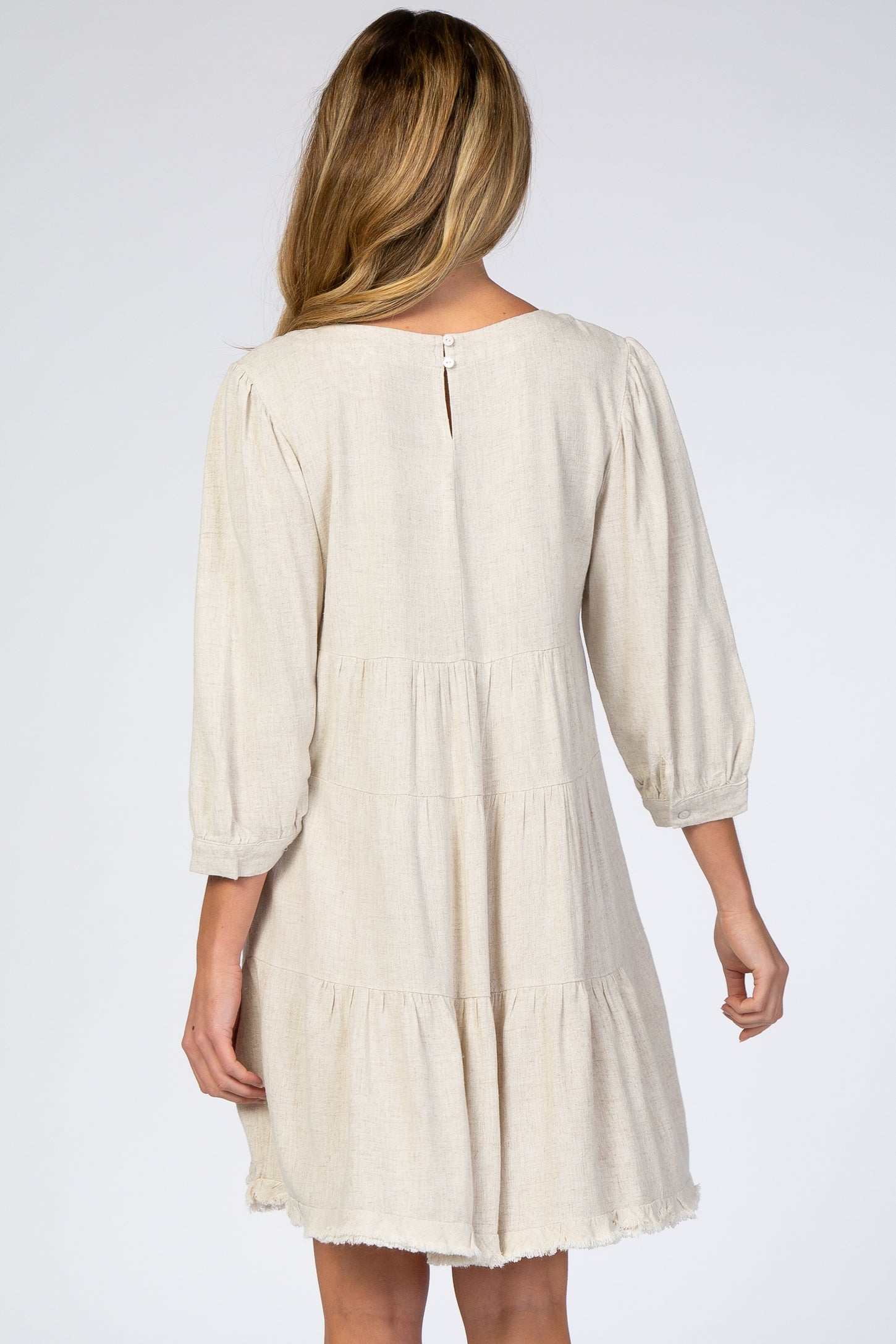 Beige 3/4 Sleeve Pleated Tier Fringe Hem Maternity Dress– PinkBlush