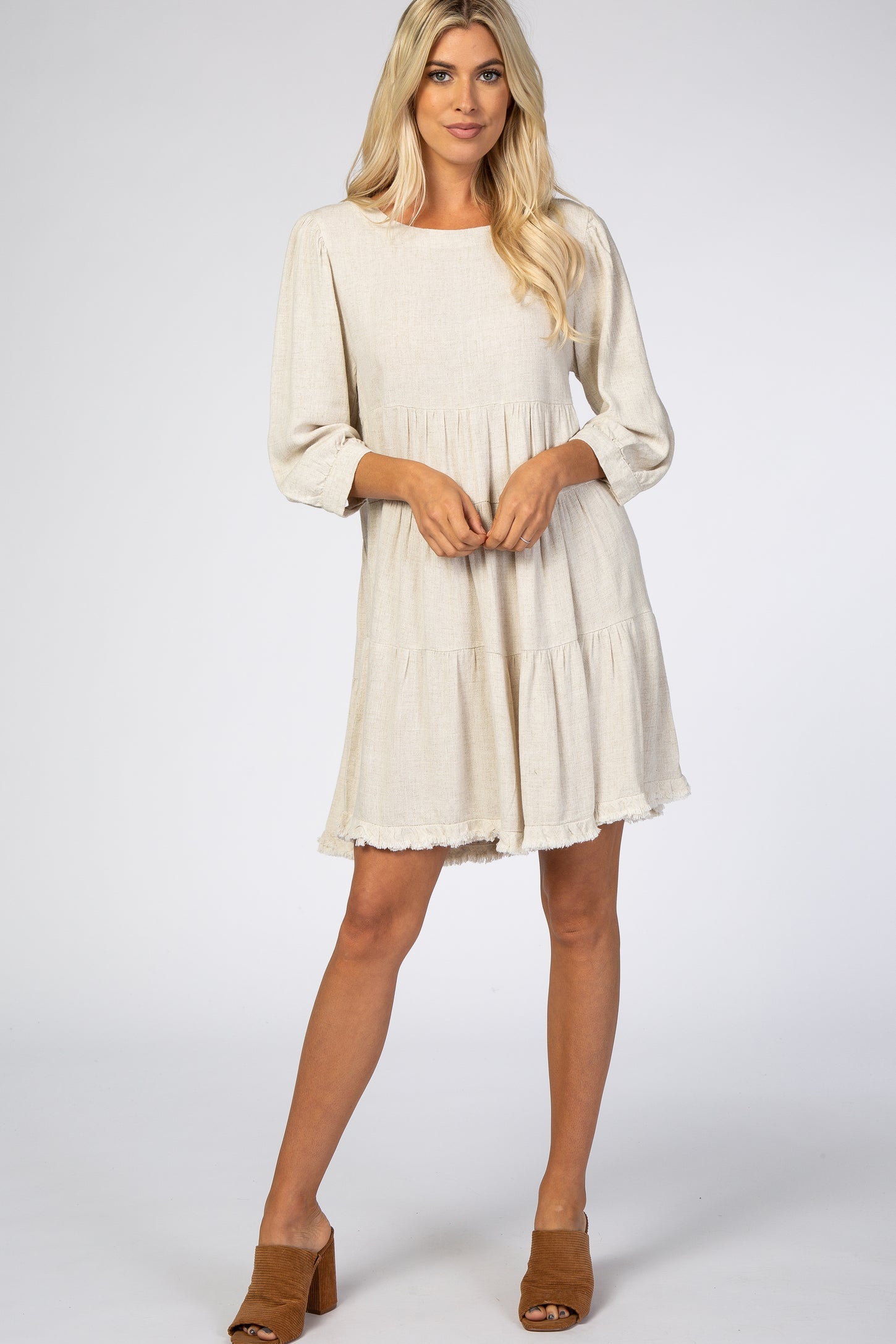 Beige 3/4 Sleeve Pleated Tier Fringe Hem Maternity Dress– PinkBlush