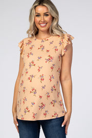 Peach Floral Ribbed Ruffle Sleeve Maternity Top