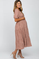 Mauve Animal Print Smocked Tiered Maternity Midi Dress