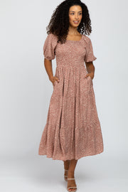 Mauve Animal Print Smocked Tiered Midi Dress