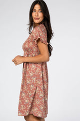 Mauve Floral Smocked Mock Neck Dress