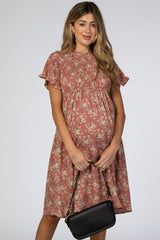 Mauve Floral Smocked Mock Neck Maternity Dress