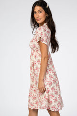 Cream Floral Smocked Mock Neck Dress