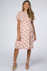 Cream Floral Smocked Mock Neck Maternity Dress