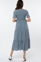 Navy Blue Floral Smocked Wrap Front Pleated Tier Midi Dress