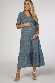 Navy Blue Floral Smocked Wrap Front Pleated Tier Maternity Midi Dress