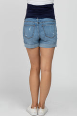 Blue Distressed Cuffed Maternity Denim Shorts