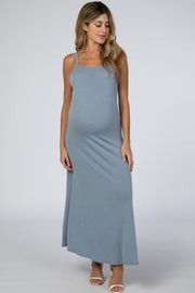 Blue Square Neck Maternity Maxi Dress