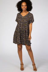 Navy Blue Floral Button Front Mini Dress